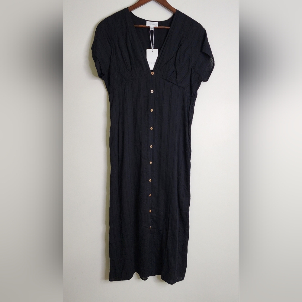 Heyson Black Cotton Blend Button-Down Midi Dress Med Euro Summer Minimalist Vaca